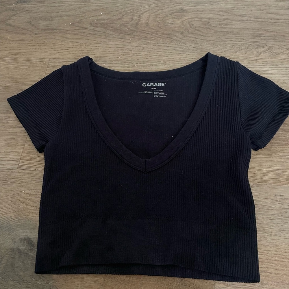 Garage Black Short Sleeve V-Neck Top